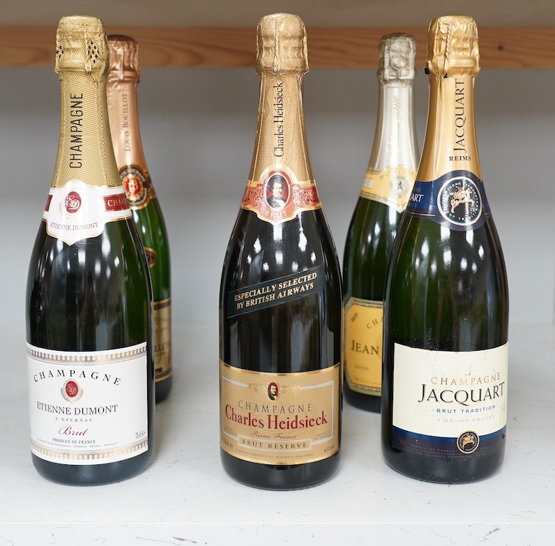 Six bottles of champagne to include Louis Bouillot, Jean Pernet and Charles Heidsieck. Condition - good, storage history unknown